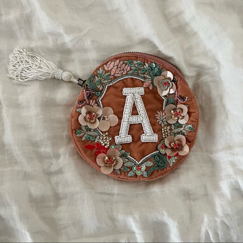 “A” pink velvet pouch from Anna Harlow Russo x Anthropologie collaboration